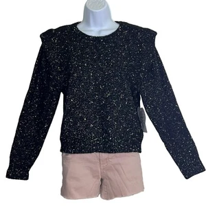 CALLIGRAPHIE Women's Large Knit Sweater Black Gold Puff Shoulder Long Sleeve NWT - Picture 1 of 12