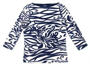 Liz Claiborne Womens Small Navy White Floral Scroll 3/4 Sleeve Boat Neck Top - Picture 1 of 9