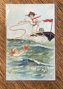 CUPID Salvado por LADY Barco Antiguo Vintage Firmado HBG Griggs Tarjeta Postal de San Valentín! - Imagen 1 de 4