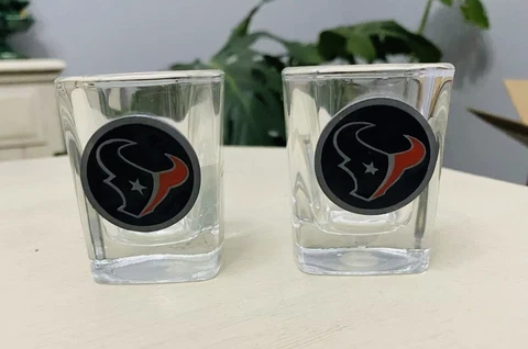 Pair Of Houston Texans Shot Glasses - square bottom - 2 oz w/ NFL sticker-NEW Cover
