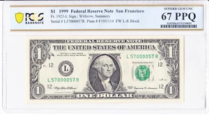 1999 $1 FRN - San Francisco FR.1925-L - PCGS 67 PPQ - Fancy Serial L57000057R - Picture 1 of 2