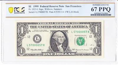 1999 $1 FRN - San Francisco FR.1925-L - PCGS 67 PPQ - Fancy Serial L57000057R - Image 1 of 2