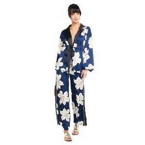 Zhu Navy Floral Print Long Sleeve Top and High Rise Wide Leg Pants, S - Picture 1 of 17