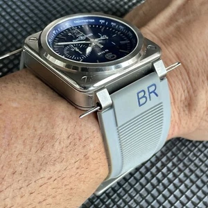 24mm Bell & Ross BR01 BR03 Light GRAY GREY rubber strap No Buckle BLUE letters - Picture 1 of 8