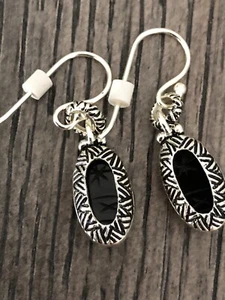 NEU Sterlingsilber geriffelt schwarz Edelstein Ohrhänger Haken - Bild 1 von 7