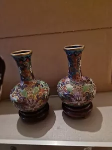 Vintage Pair of Chinese Cloisonné Enamel Floral Vases With Stands  5 Inches Tall - Picture 1 of 12
