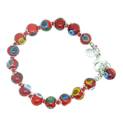Murano Glass Bracelet Red Multi Silver Millefiori Handmade Venice 15 Beads