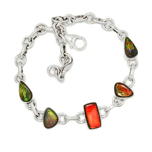 Natural Genuine Canadian Ammolite 925 Sterling Silver Bracelet ALBN-30 - Picture 1 of 1