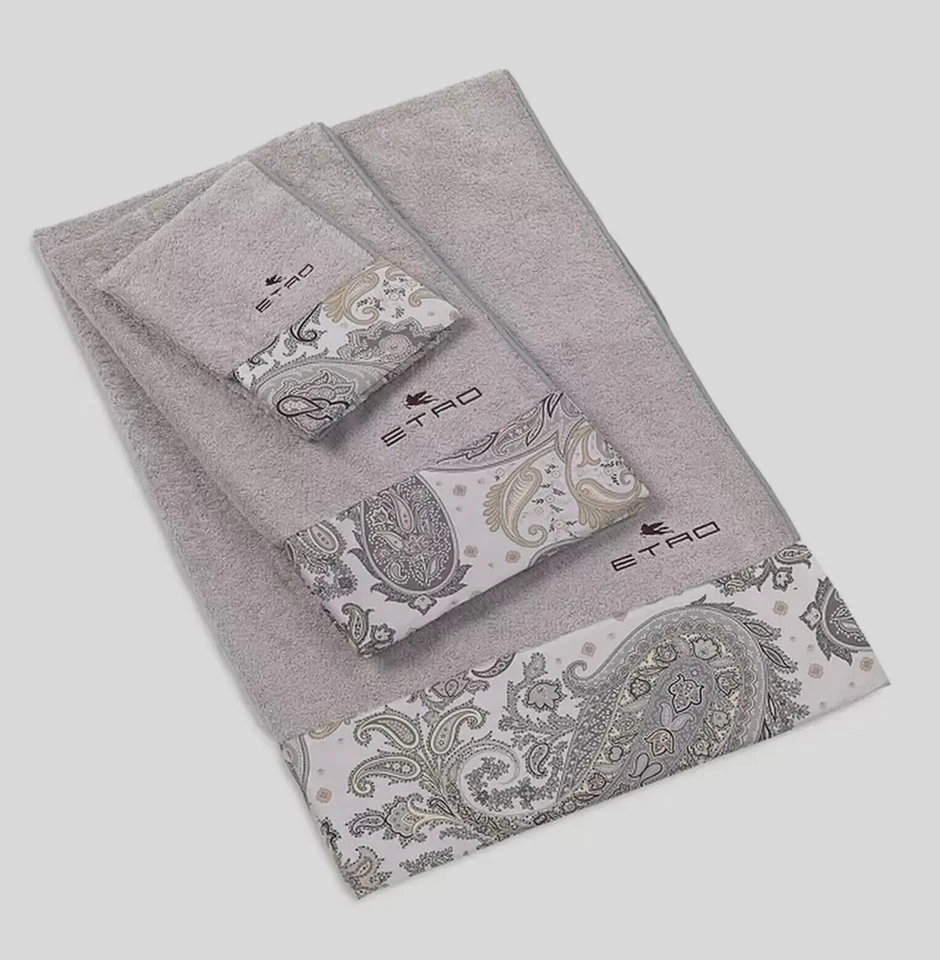 Etro Home Towel 5 Pc Set Newark Paisley Sateen Border Terry Cotton Gray-Box
