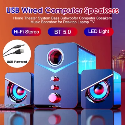 USB Computer LED Speakers Stereo Bass Subwoofer Wired 3.5mm Jack For Desktop PC - Image 1 of 4