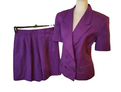 De Colección Liz Claiborne 2 Piezas Pantalones Cortos Plisados de Algodón Púrpura/Blazer Doble Pecho 12/14 Foto 1 de 4