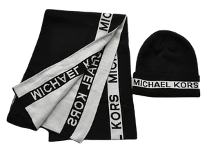 Michael Kors Logo Unisex Beanie Hat & Scarf 2 Piece Set Black/Cream/Brandy $158 - Picture 1 of 12