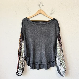 WE THE FREE Blossom Thermal Top Womens S Gray Paisley Oversized Knit Cottagecore - Picture 1 of 8