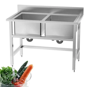 Stainless Steel Commercial Dual Sink Wash Table Kitchen Catering Deep Pot Bowl - Picture 1 of 7