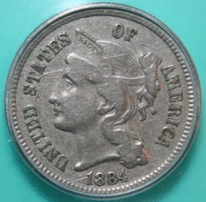 1884 Business Strike Three Cent Nickel  - ICG VF 30 Details Cleaned - 3CN - Picture 1 of 4