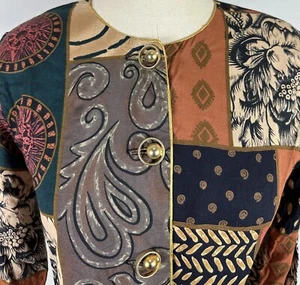 Vintage 90s Patchwork Print Jacket XS Cropped 3/4 Sleeve Earthtone Paisley Boho - Picture 1 of 15