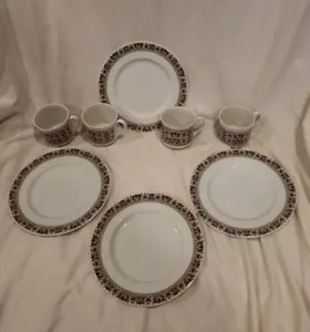 8 Royal Doulton FIREGLOW Salad Plates 8" & Cups BAND OF FLOWERS Porcelain MCM - Picture 1 of 9