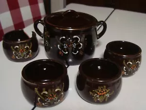 Olla vintage japonesa Redware Moriage marrón arroz crock frijoles con tapa 4 tazones (1 roto) - Imagen 1 de 11