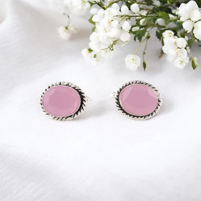 Gemelos hechos a mano de plata de ley 925 piedras preciosas de calcedonia rosa natural regalo Foto 1 de 4
