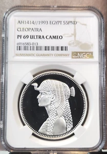 1993 EGYPT SILVER 5 POUNDS CLEOPATRA NGC PF 69 ULTRA CAMEO RARE TOP POP - Picture 1 of 3