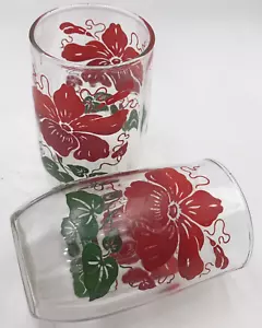 Flower Juice Glasses Barrel Shape Vintage Red Hibiscus 4" tall MCM Set of 2 - Picture 1 of 7