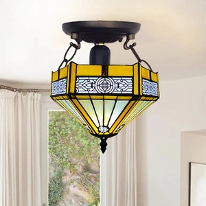 Tiffany Yellow Hexagon 10 Inch Antique Style Ceiling Lamp Stained Glass Shade UK - Picture 1 of 14