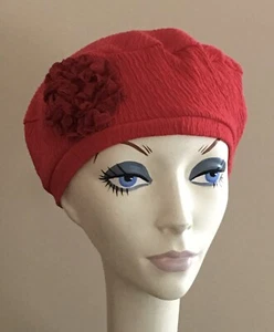 NWT! IMAGA Designer BERET Hat Textured RED Fabric with Lace Flower - Picture 1 of 2