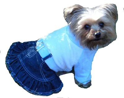 ROCK 'N' POOCHES DOG APPAREL Dog Clothes Apparel White/Blue T-Shirt w/Blue Jean Skirt Dress 3 Sizes XXS XS S