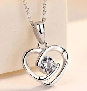Valentine Gift For Her Heart Pendant 18" Chain 0.05Cts VVS Moissanite 925 Silver - Picture 1 of 7