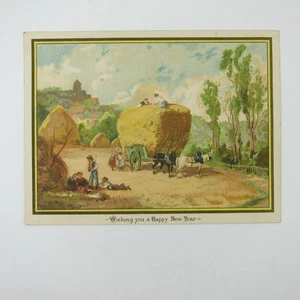 Victorian Greeting Card New Years Farm Harvest Horse Hay Wagon People Antique - Picture 1 of 7
