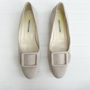 Manolo Blahnik Maysale Maydi Light Khaki Gray Suede Buckle Flats Round Toe - Picture 1 of 10