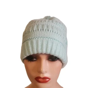 Gorro de punto azul claro con pompón de piel sintética para mujer suave holgado sombrero de invierno - Imagen 1 de 8