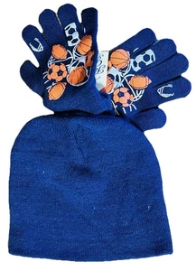 Childrens Autumn Winter Hat & Gloves Set Team Sports Navy Blue Unisex - Picture 1 of 2