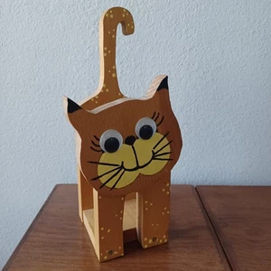 Vintage Handarbeit KATZE Servietten Handtuch Halter bemaltes Holz mit Googly Eyes - Bild 1 von 12