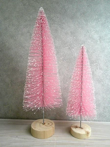 Set of 2 Pink Flocked Bottle Brush Christmas Tree 14" & 10" - NEW - Picture 1 of 6