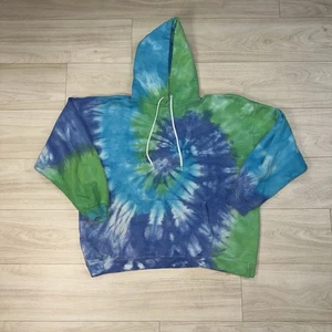 Felpa con cappuccio vintage blu verde tie dye pullover unisex XL grunge skater streetwear - Foto 1 di 10