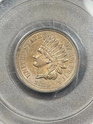 PCGS AU55 1859 INDIAN HEAD CENT  BRIGHT WITH GREAT LUSTER STRONG DEVICES - Image 1 of 3
