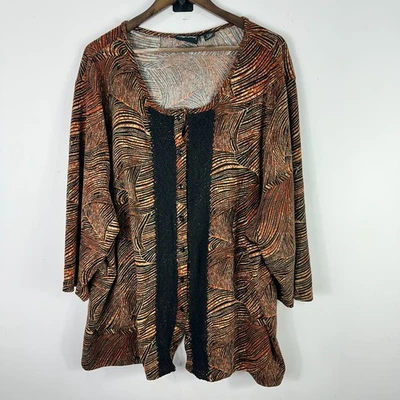Maggie Barnes Top 4X Brown Black Geometric Print Knit Textured Button Career - Image 1 of 4
