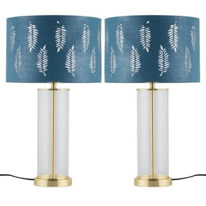 2er Set moderne satinierte Messing Nachttischlampen Tischleuchten türkis Farnausschnitt Schirme - Bild 1 von 9