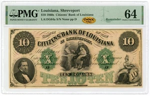 1800's $10 The Citizens Bank of LOUISIANA at Shreveport Note - PMG CU 64 - Picture 1 of 2