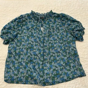 J Crew Short Sleeve Blue Floral Top Women 2X Plus Ruffle Neck - Picture 1 of 6