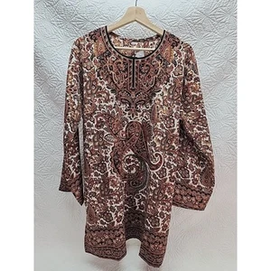 Braun Blumen Paisley Langarm Tunika Top Kleid Neu mit Etikett 100% Viskose 22x23 - Bild 1 von 7