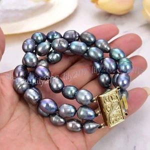 3 Rows Natural Peacock Black Freshwater Baroque Rice Pearl Bracelet 7.5'' 6-12mm - Picture 1 of 12