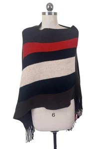 Y2k Poncho Cape Pullover Damen One Size braun orange gestreift FallCore Boho Artsy - Bild 1 von 7