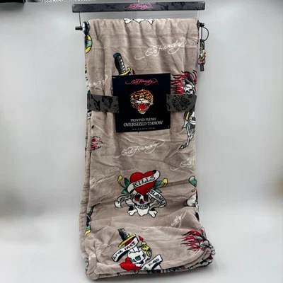 Ed Hardy Taupe 印花毛绒超大毯纹身老虎头骨图形 — 第 1/4 张图片