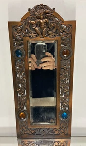 VTG. Picture Frame Copper Wash ART NOUVEAU Cherub Cast Iron Wall Mirror Vanity - Picture 1 of 12