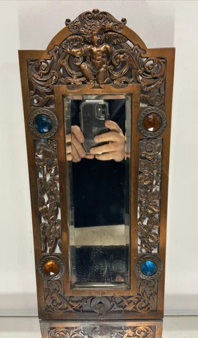 VTG. Copper Wash ART NOUVEAU Cherub Cast Iron Wall Mirror Vanity Picture Frame Cover