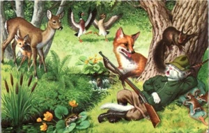 Fox Taking Rifle From A Sleeping Cat Wearing Hunter Clothes Postcard - Picture 1 of 2