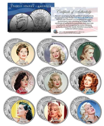 SEX SYMBOLS of the 1950s JFK Half Dollar 9-Coin Set Monroe Hayworth Lana Turner Cover