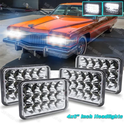 4件装4x6英寸LED车头灯高低带DRL适用于凯迪拉克Fleetwood DeVille 1975-1986 — 第 1/4 张图片